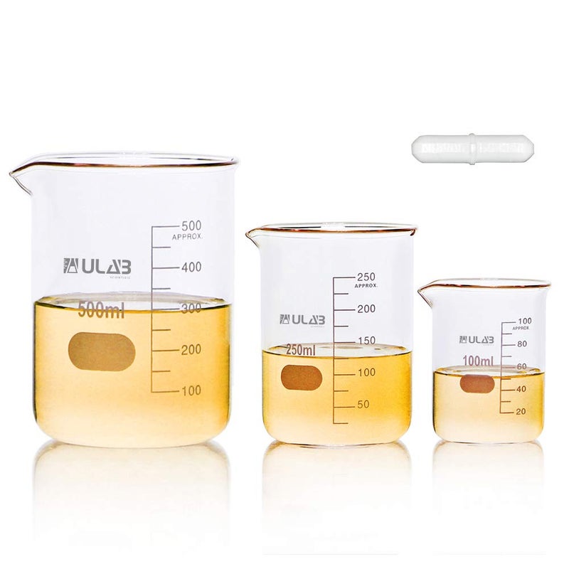 ULAB Scientific Low Form Griffin Glass Beaker Set with Magnetic Stir Bar Offered, 3 Sizes 100ml 250ml 500ml, 3.3 Borosilicate Glass, Printed Graduation, UBG1004 - Image 1